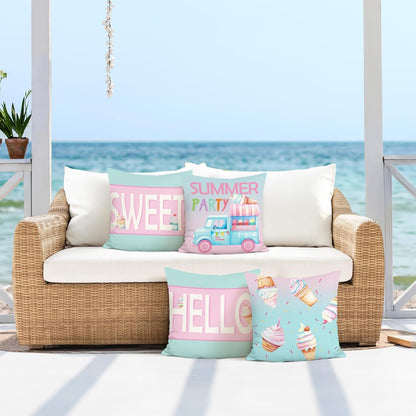 Hello Summer Throw Pillow Covers, Ice Cream Truck Popsicle Pink Blue Teal Sweet Decorative Pillowcases for Outdoor Sofa Bed Home Patio Set of 4, 18 x 18 Inches