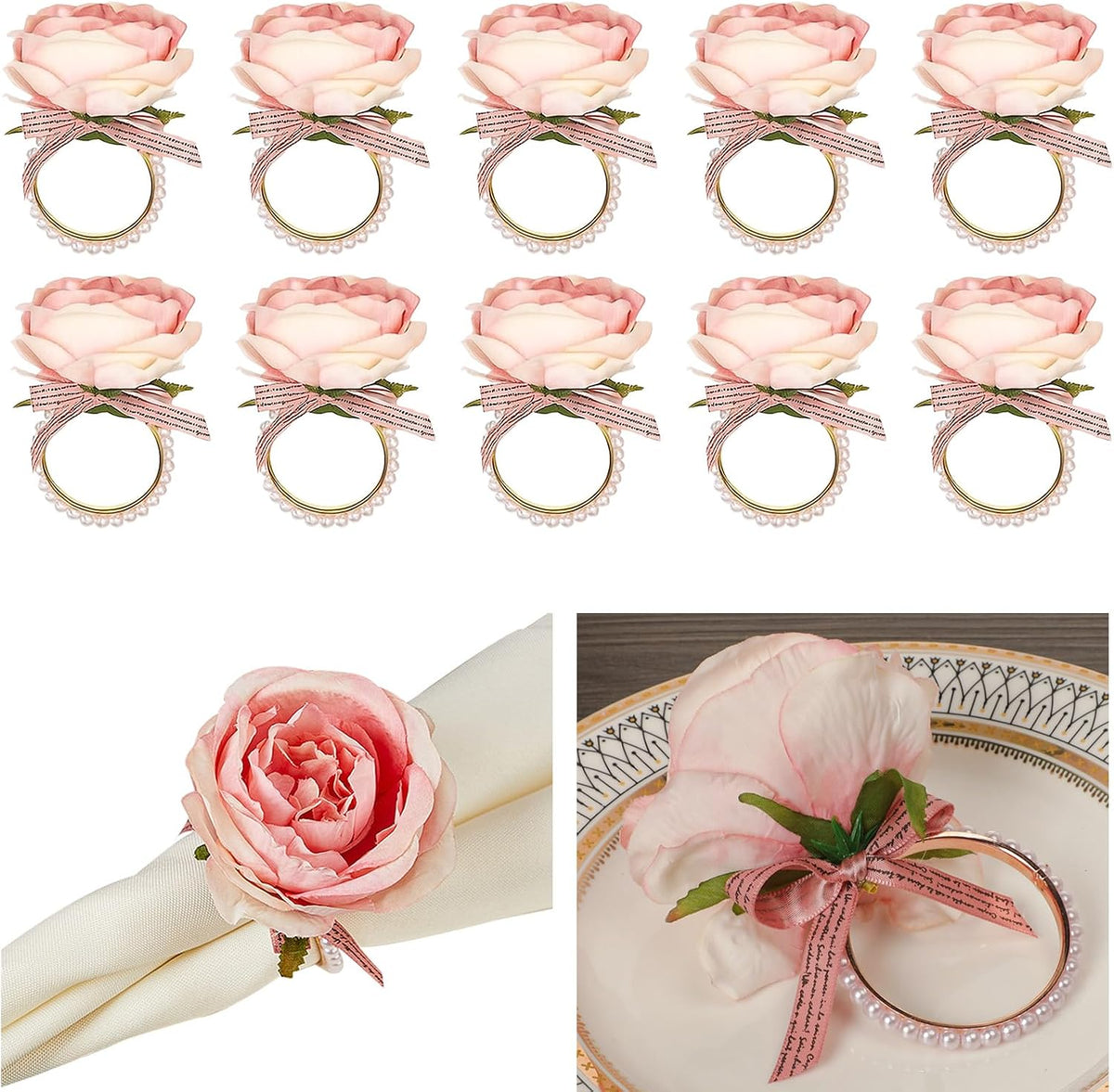10PCS Pink Rose Flower Napkin Rings with Imitation Pearls