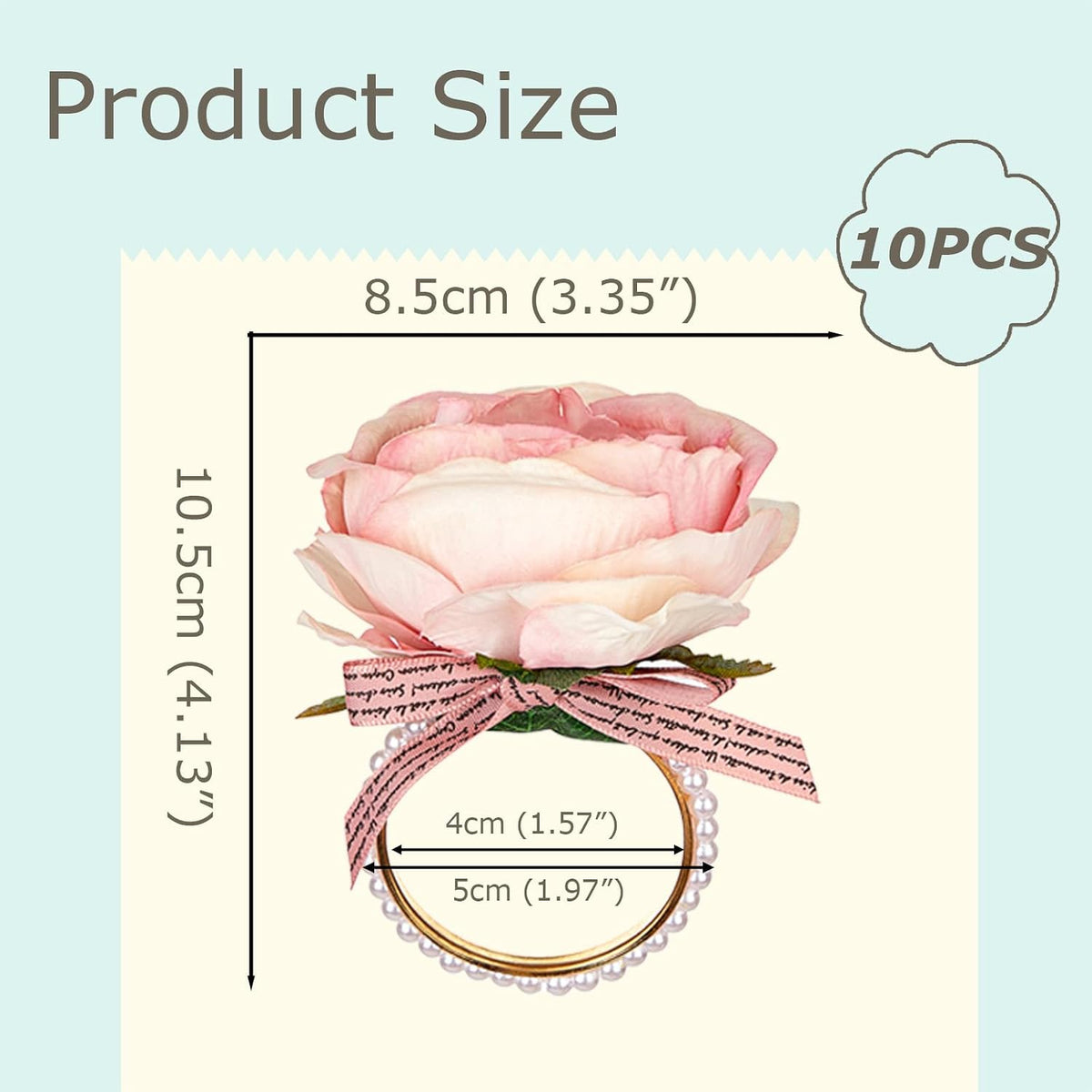 10PCS Pink Rose Flower Napkin Rings with Imitation Pearls
