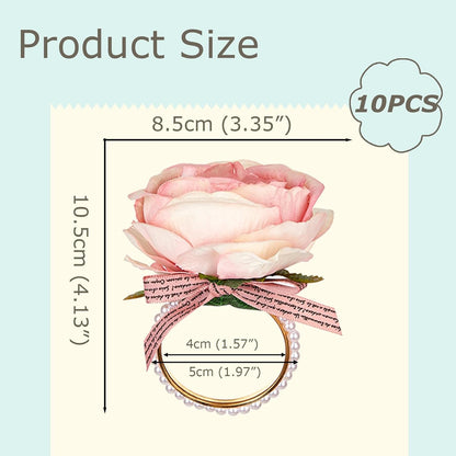 10PCS Pink Rose Flower Napkin Rings with Imitation Pearls
