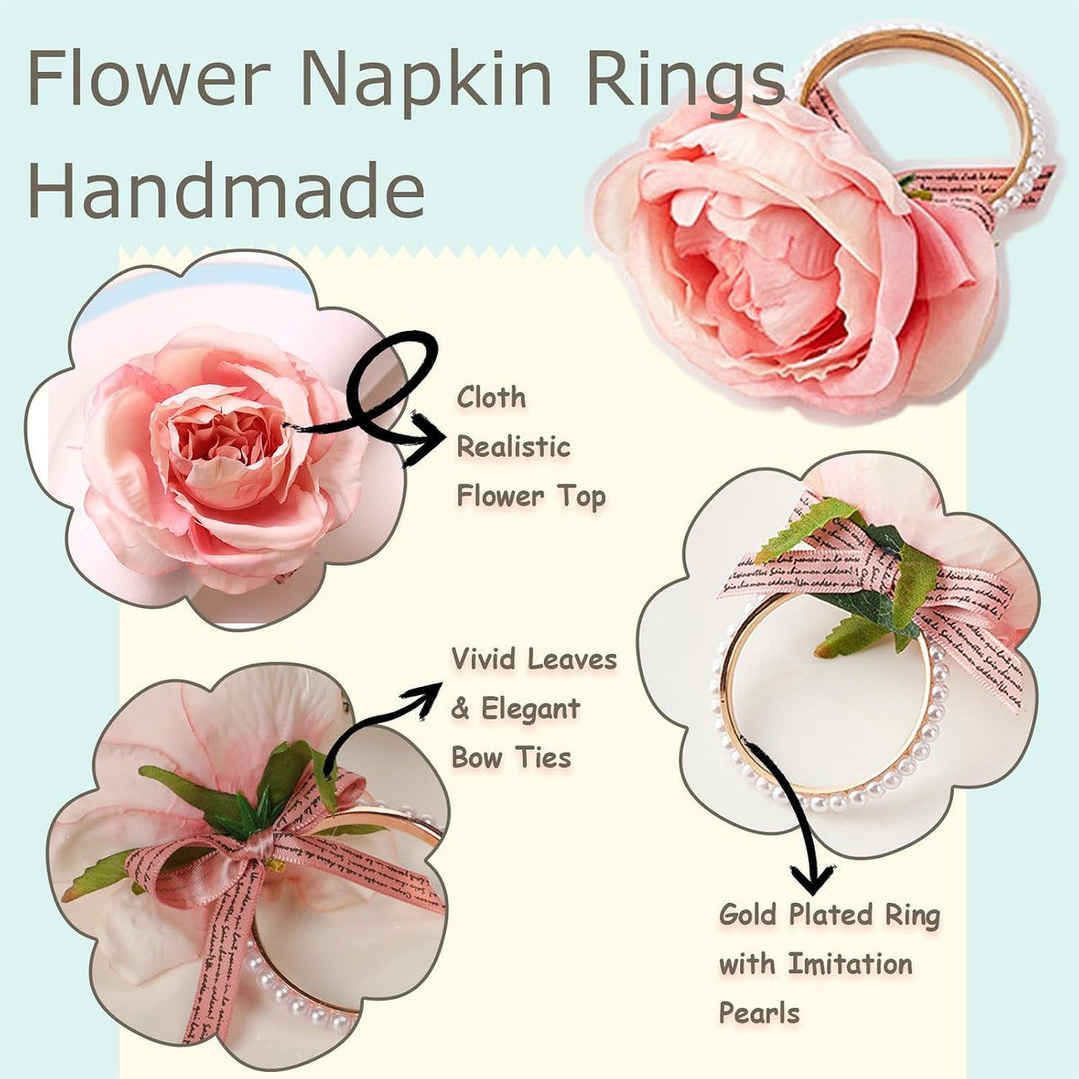 10PCS Pink Rose Flower Napkin Rings with Imitation Pearls