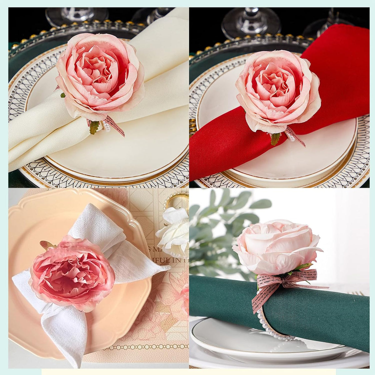 10PCS Pink Rose Flower Napkin Rings with Imitation Pearls