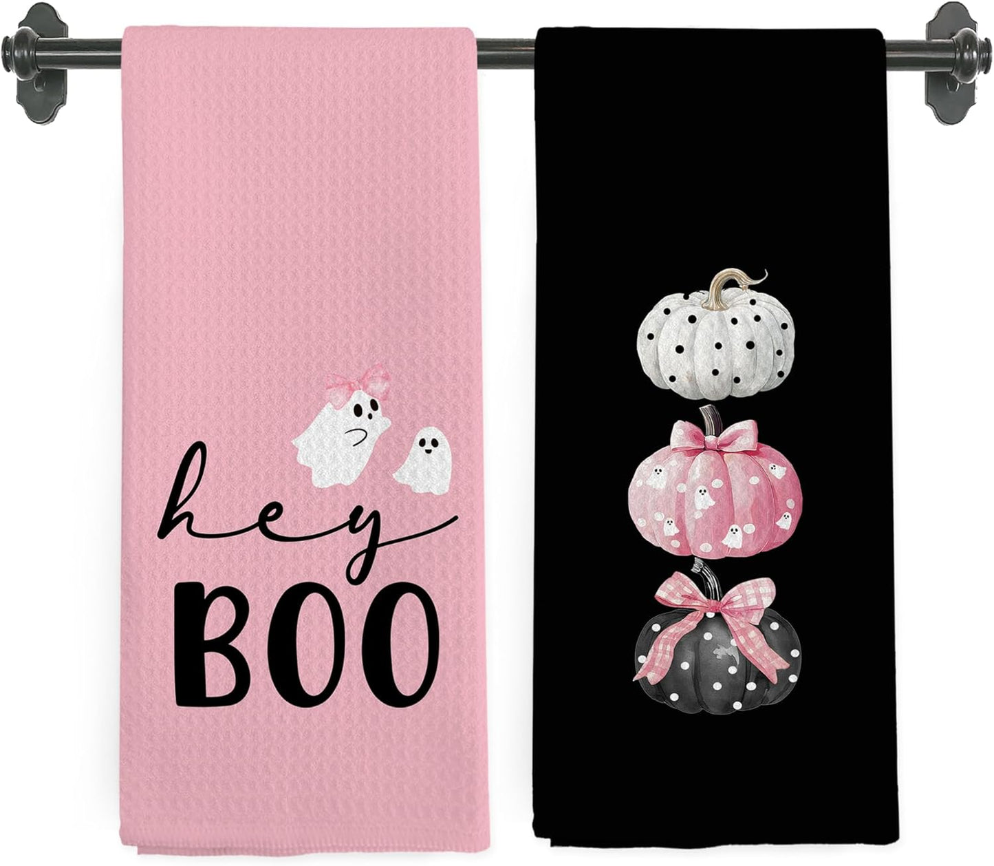 Pink Black Halloween Fall Hand Towels for Bathroom, Coquette Pink Ghost Pumpkin Kitchen Towels, Cute Ghost Boo Dish Tea Towel for Kitchen, Girly Halloween Decor, 16x24 Inch