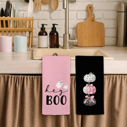 Pink Black Halloween Fall Hand Towels for Bathroom, Coquette Pink Ghost Pumpkin Kitchen Towels, Cute Ghost Boo Dish Tea Towel for Kitchen, Girly Halloween Decor, 16x24 Inch