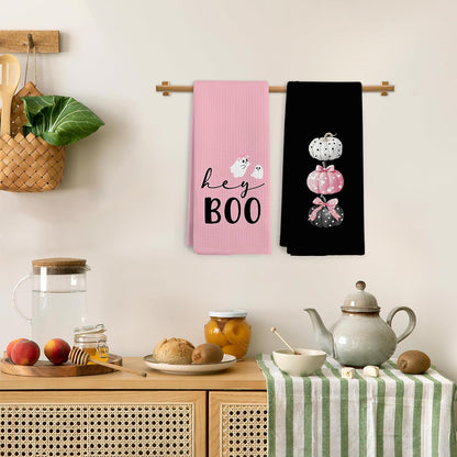 Pink Black Halloween Fall Hand Towels for Bathroom, Coquette Pink Ghost Pumpkin Kitchen Towels, Cute Ghost Boo Dish Tea Towel for Kitchen, Girly Halloween Decor, 16x24 Inch