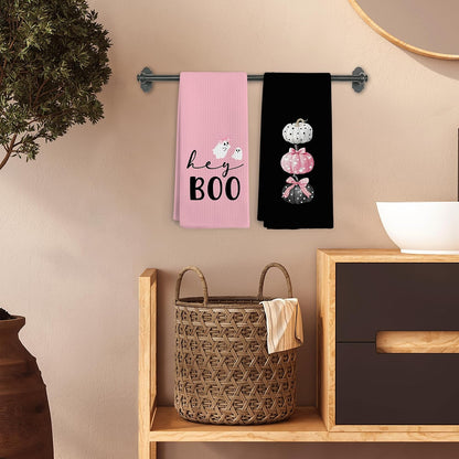 Pink Black Halloween Fall Hand Towels for Bathroom, Coquette Pink Ghost Pumpkin Kitchen Towels, Cute Ghost Boo Dish Tea Towel for Kitchen, Girly Halloween Decor, 16x24 Inch