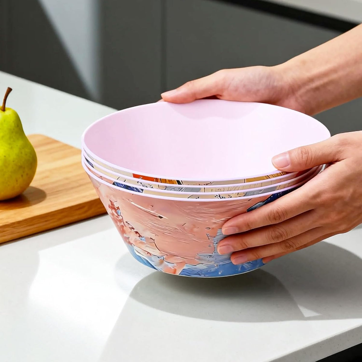 Large Vintage Salad Bowls Set of 4-3.1L (104 Oz) Unbreakable Kitchen Bowls for Serving, Mixing, Salad, Cereal, Fruit & Snacks, Microwave & Dishwasher Safe, Dinning Bowl Set(Pink)