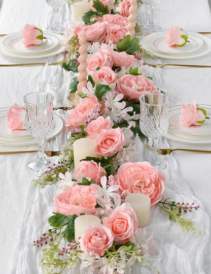 2Pack Artificial Peony Flower Garland - Silk Peony Garland with Pink Flowers for Wedding Party Table Decoration,6ft/Strand