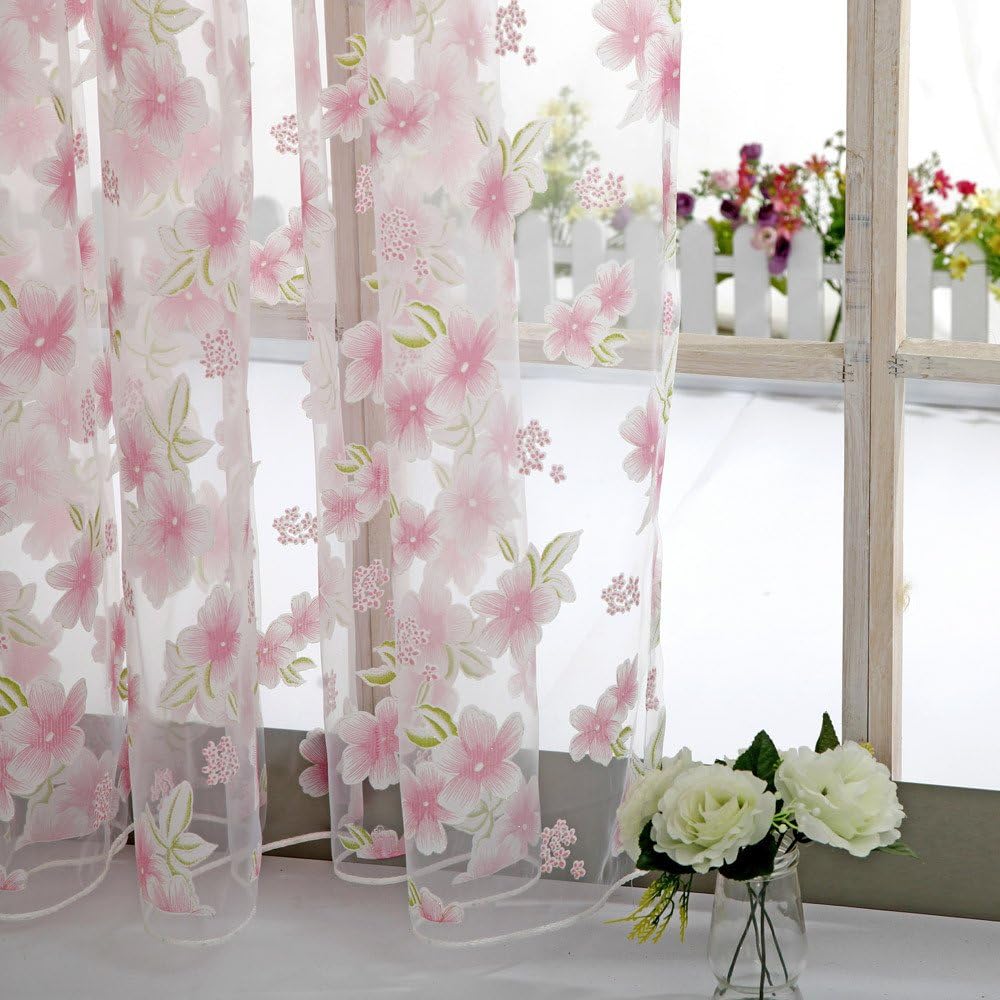 Peach Blossom Flower Print Voile Curtain Transparent Tulle Curtains Semi Sheer Window Curtains Window Screening Treatments Drape Valance Panel No Grommet 39 X78 Inch Living Room Bedroom (Pink)