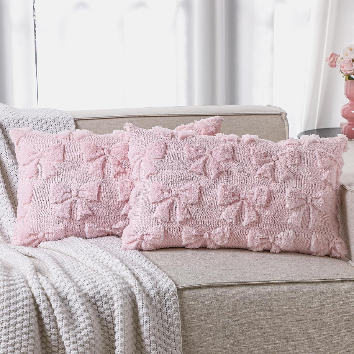 Bow Pillow Covers Set of 2 Preppy Room Decor, 12"x20", Pink