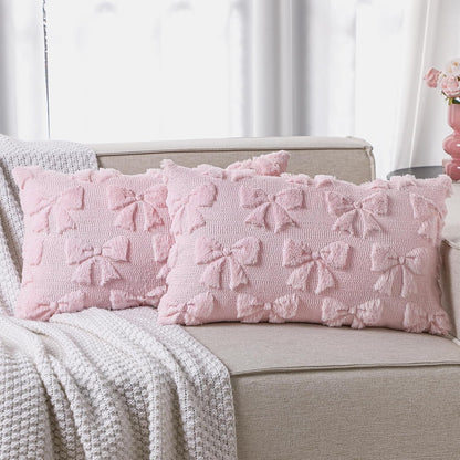 Bow Pillow Covers Set of 2 Preppy Room Decor, 12"x20", Pink
