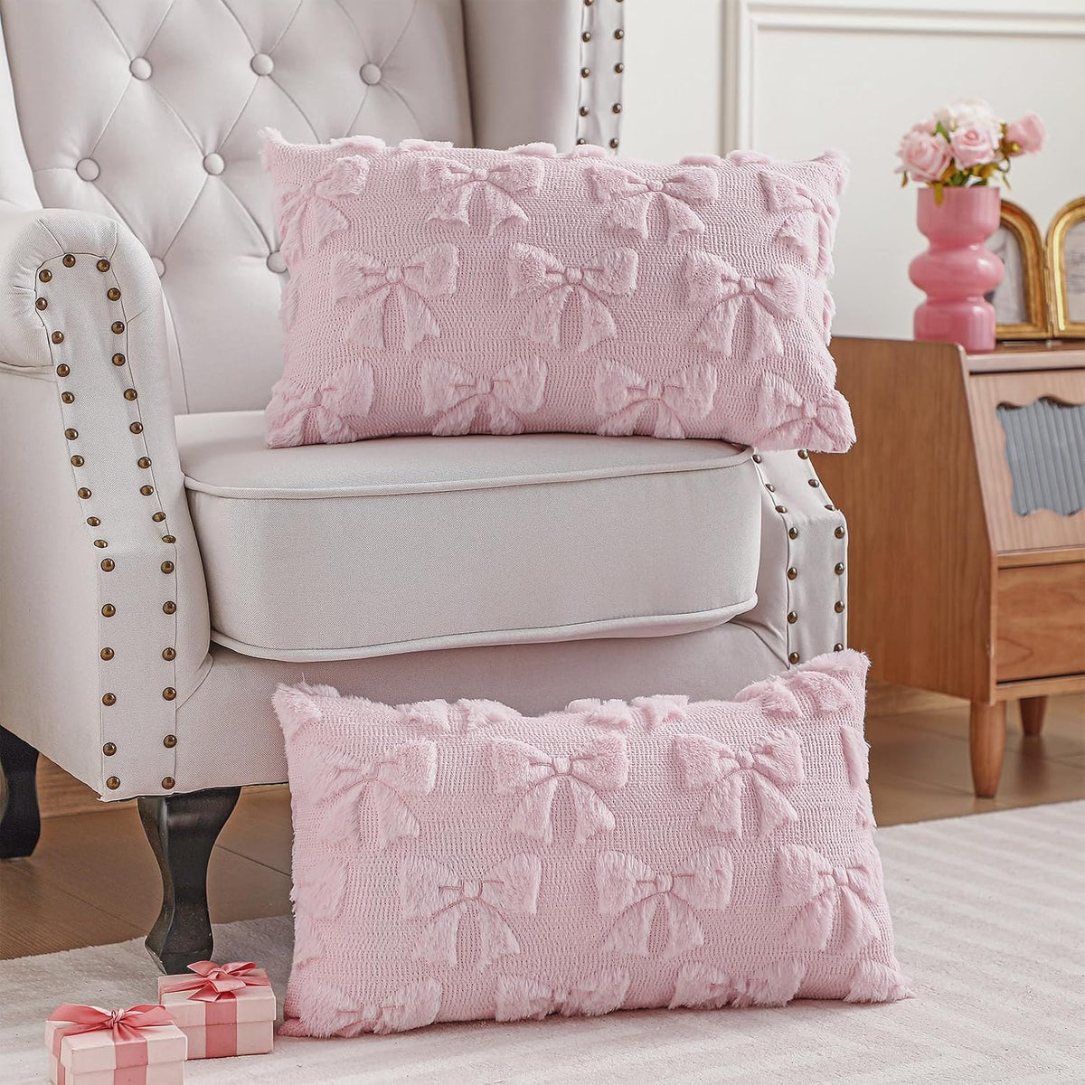 Bow Pillow Covers Set of 2 Preppy Room Decor, 12"x20", Pink