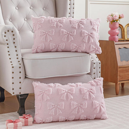 Bow Pillow Covers Set of 2 Preppy Room Decor, 12"x20", Pink