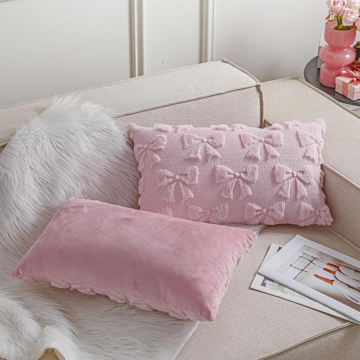 Bow Pillow Covers Set of 2 Preppy Room Decor, 12"x20", Pink