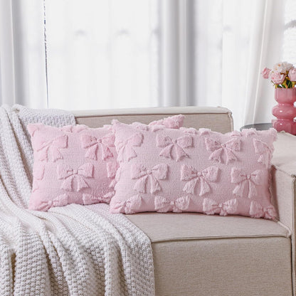 Bow Pillow Covers Set of 2 Preppy Room Decor, 12"x20", Pink