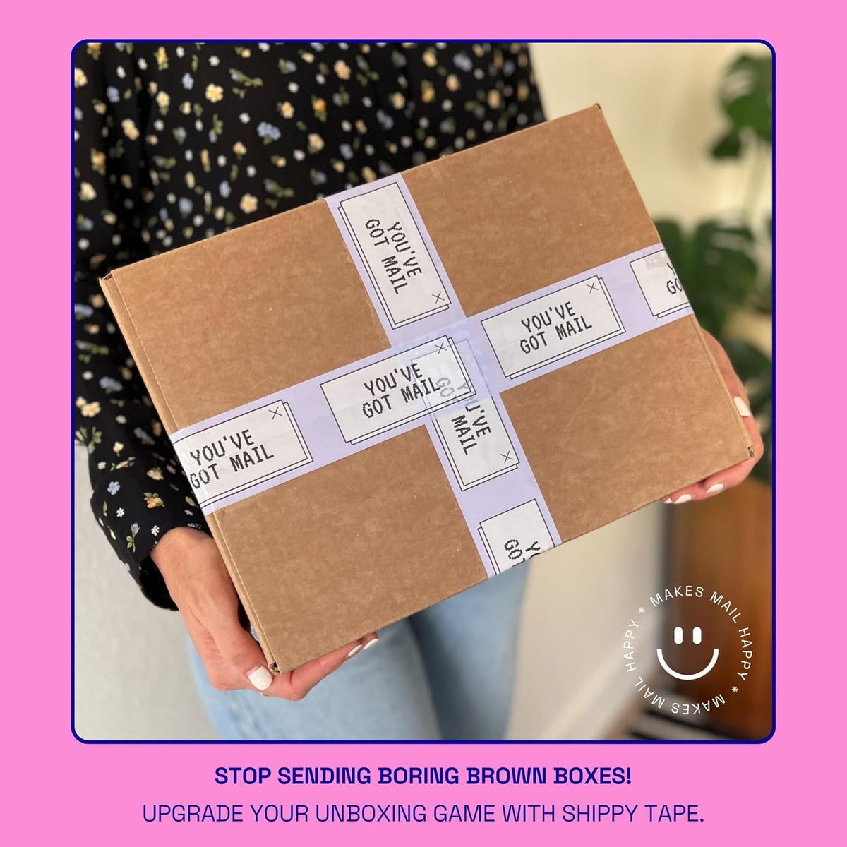 Decorative Packing Tape with Pink Dispenser – You’ve Got Mail Purple, 1.88" x 22.2 Yards – Cute Printed Shipping Tape for Gifts, Small Business Essentials, and Mailers