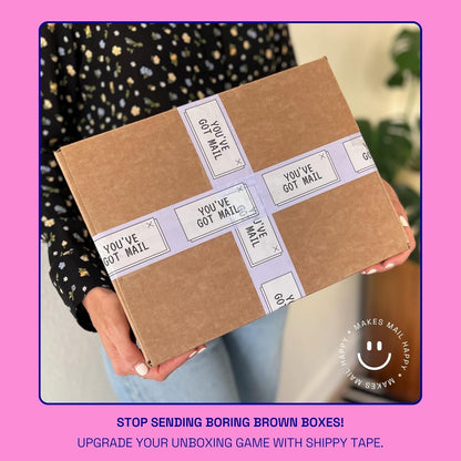 Decorative Packing Tape with Pink Dispenser – You’ve Got Mail Purple, 1.88" x 22.2 Yards – Cute Printed Shipping Tape for Gifts, Small Business Essentials, and Mailers