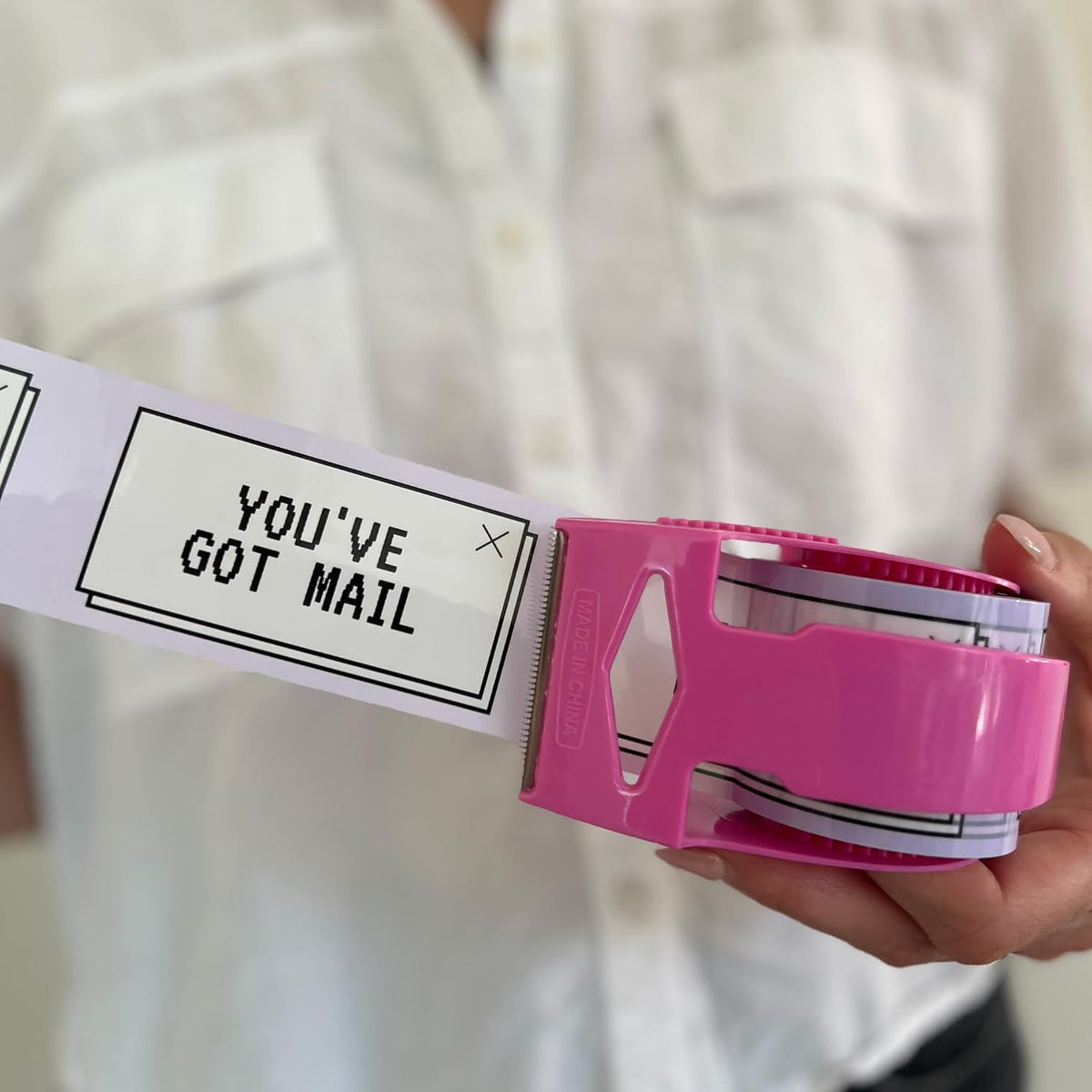 Decorative Packing Tape with Pink Dispenser – You’ve Got Mail Purple, 1.88" x 22.2 Yards – Cute Printed Shipping Tape for Gifts, Small Business Essentials, and Mailers