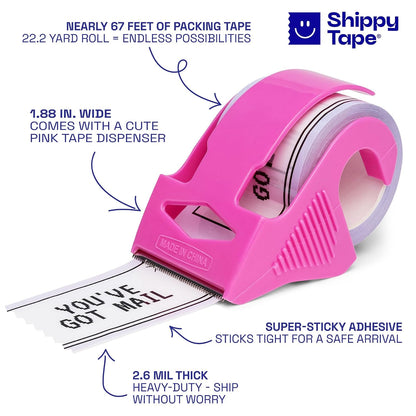 Decorative Packing Tape with Pink Dispenser – You’ve Got Mail Purple, 1.88" x 22.2 Yards – Cute Printed Shipping Tape for Gifts, Small Business Essentials, and Mailers