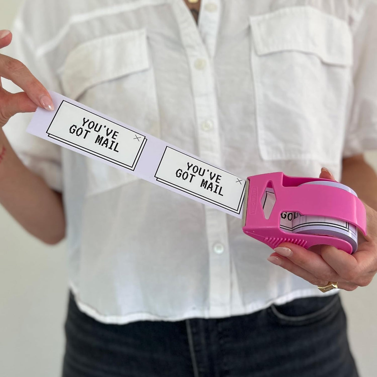 Decorative Packing Tape with Pink Dispenser – You’ve Got Mail Purple, 1.88" x 22.2 Yards – Cute Printed Shipping Tape for Gifts, Small Business Essentials, and Mailers