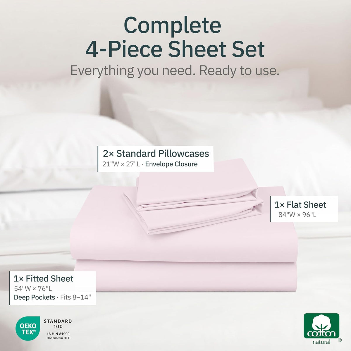 Super Soft 100% Cotton Full Size Bed Sheet Set, 4 Pc Set, Pink