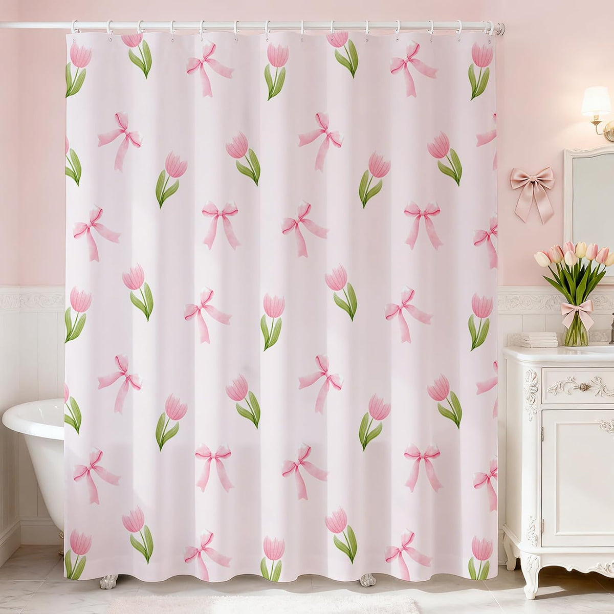 Pink Floral Shower Curtain for Bathroom Cute Flowers Bow Shower Curtain for Pink Bathroom Deocr Waterproof Fabric Cute Girls Dorm Decor Bath Curtain 72 X 72 Inch
