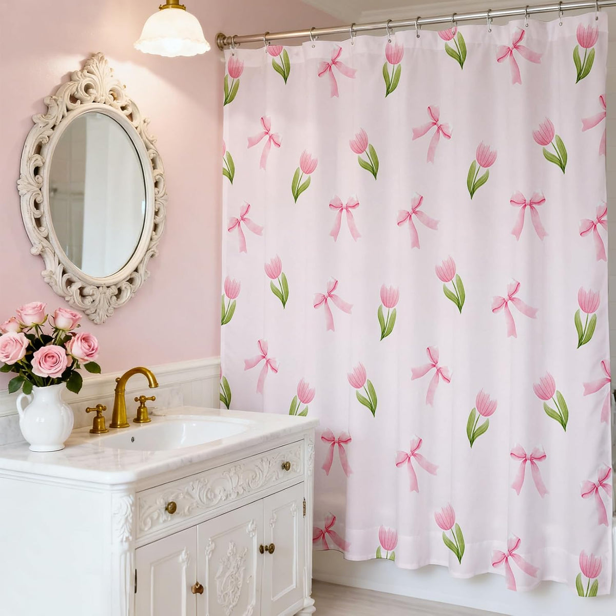 Pink Floral Shower Curtain for Bathroom Cute Flowers Bow Shower Curtain for Pink Bathroom Deocr Waterproof Fabric Cute Girls Dorm Decor Bath Curtain 72 X 72 Inch