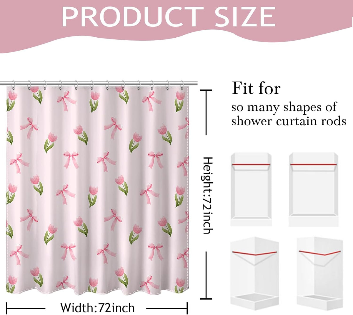 Pink Floral Shower Curtain for Bathroom Cute Flowers Bow Shower Curtain for Pink Bathroom Deocr Waterproof Fabric Cute Girls Dorm Decor Bath Curtain 72 X 72 Inch