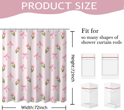 Pink Floral Shower Curtain for Bathroom Cute Flowers Bow Shower Curtain for Pink Bathroom Deocr Waterproof Fabric Cute Girls Dorm Decor Bath Curtain 72 X 72 Inch