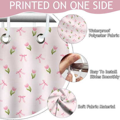 Pink Floral Shower Curtain for Bathroom Cute Flowers Bow Shower Curtain for Pink Bathroom Deocr Waterproof Fabric Cute Girls Dorm Decor Bath Curtain 72 X 72 Inch
