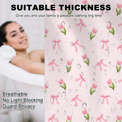 Pink Floral Shower Curtain for Bathroom Cute Flowers Bow Shower Curtain for Pink Bathroom Deocr Waterproof Fabric Cute Girls Dorm Decor Bath Curtain 72 X 72 Inch