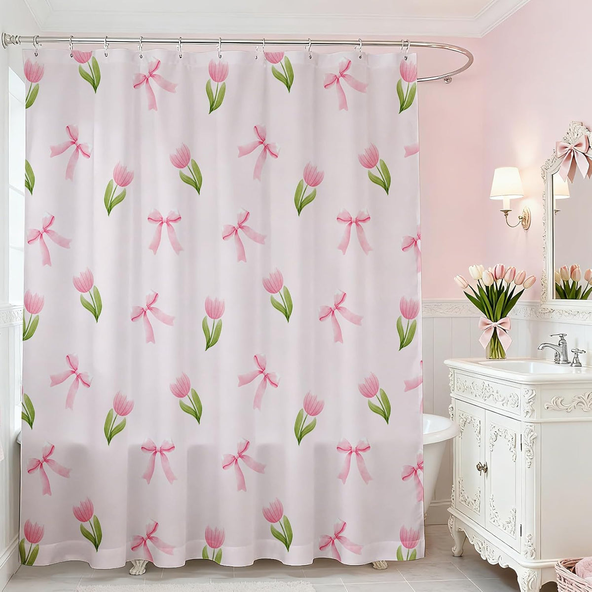Pink Floral Shower Curtain for Bathroom Cute Flowers Bow Shower Curtain for Pink Bathroom Deocr Waterproof Fabric Cute Girls Dorm Decor Bath Curtain 72 X 72 Inch