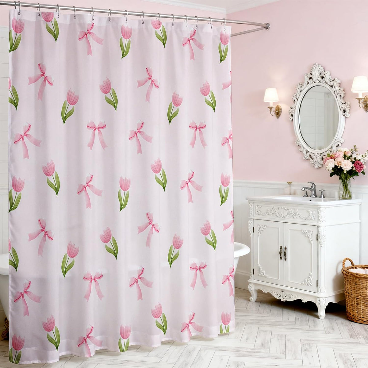 Pink Floral Shower Curtain for Bathroom Cute Flowers Bow Shower Curtain for Pink Bathroom Deocr Waterproof Fabric Cute Girls Dorm Decor Bath Curtain 72 X 72 Inch