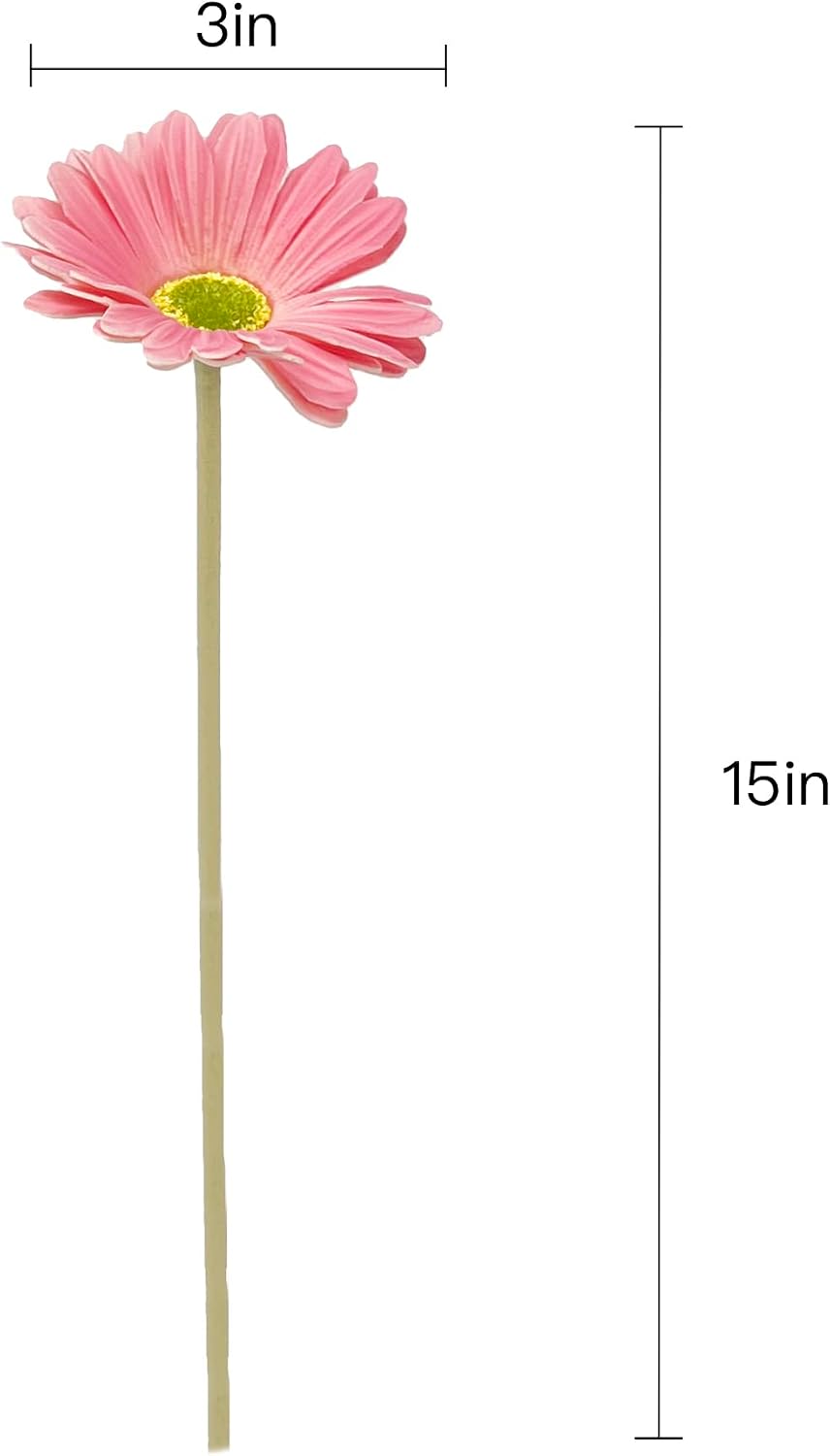 15-Inch Real Touch Gerbera Daisy Artificial Flower Stems - Vibrant Home Decor, Set of 6 (Pink)