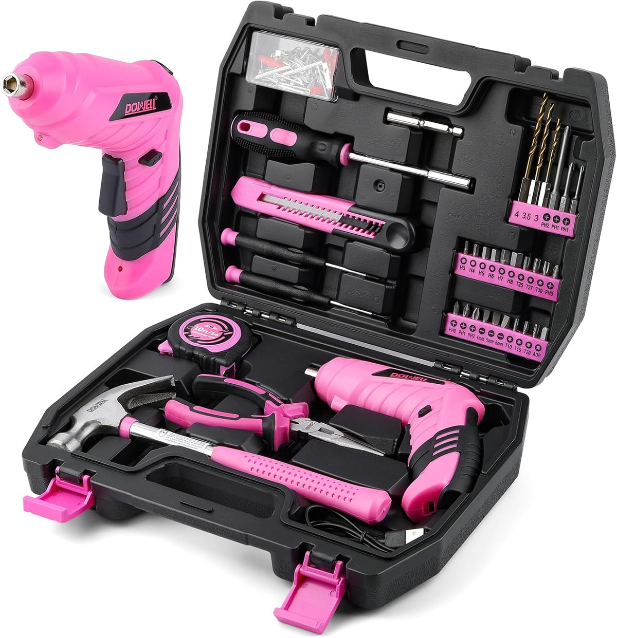 116Pcs Pink Tool Kit, Tool Set with 3.6V USB Cordless Screwdriver
