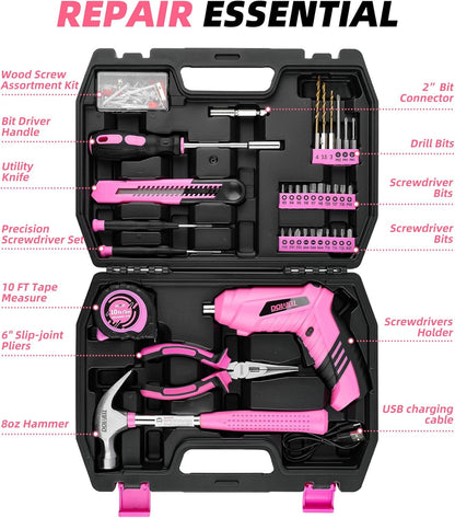 116Pcs Pink Tool Kit, Tool Set with 3.6V USB Cordless Screwdriver
