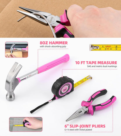 116Pcs Pink Tool Kit, Tool Set with 3.6V USB Cordless Screwdriver