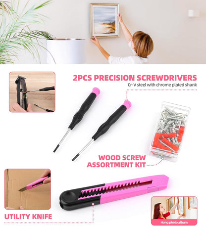 116Pcs Pink Tool Kit, Tool Set with 3.6V USB Cordless Screwdriver
