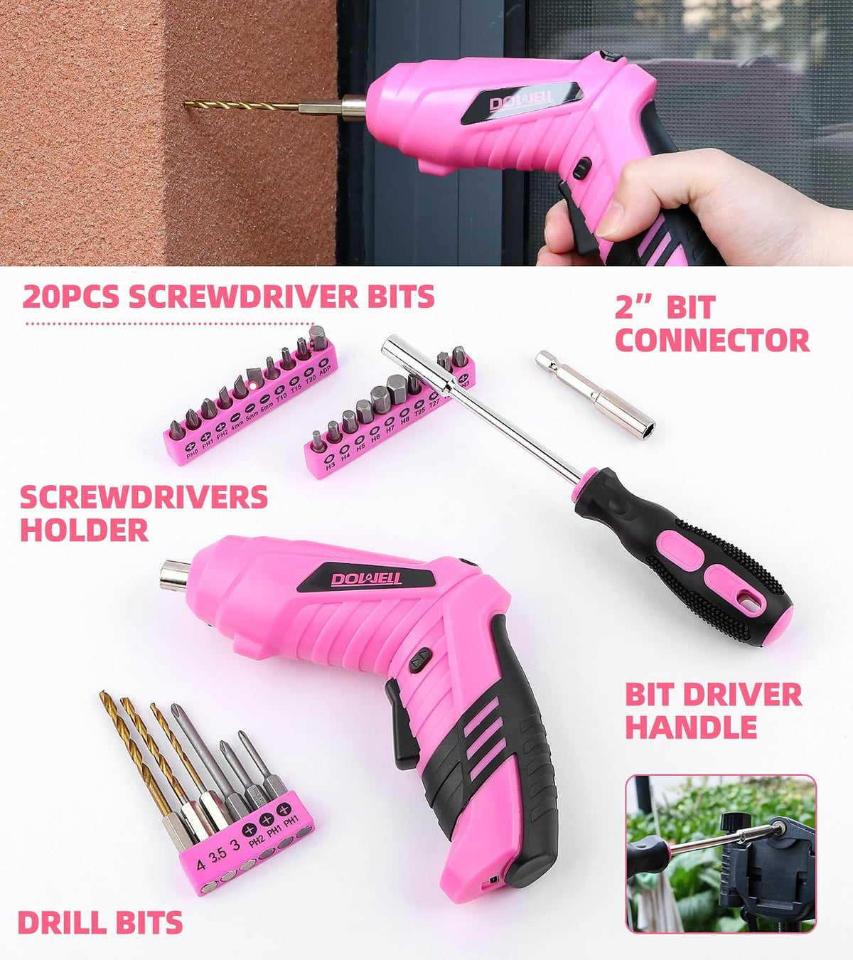 116Pcs Pink Tool Kit, Tool Set with 3.6V USB Cordless Screwdriver