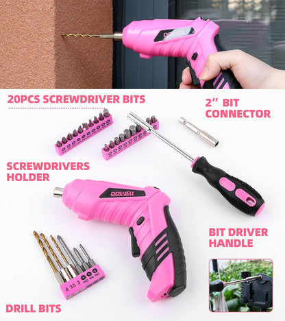 116Pcs Pink Tool Kit, Tool Set with 3.6V USB Cordless Screwdriver