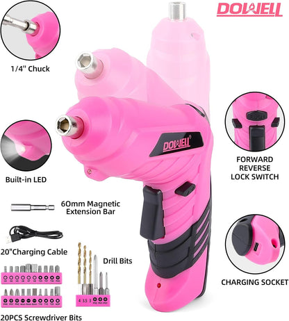116Pcs Pink Tool Kit, Tool Set with 3.6V USB Cordless Screwdriver