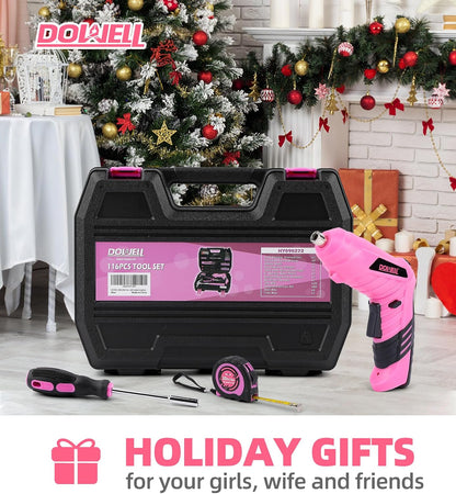 116Pcs Pink Tool Kit, Tool Set with 3.6V USB Cordless Screwdriver