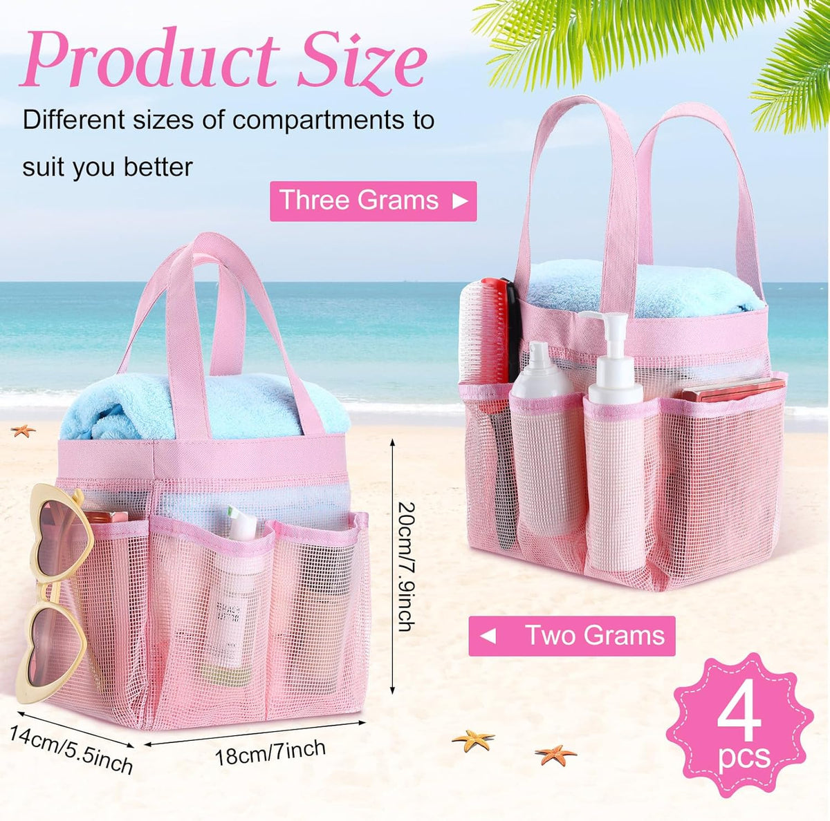 4 Pcs Portable Mesh Shower Caddy, Pink