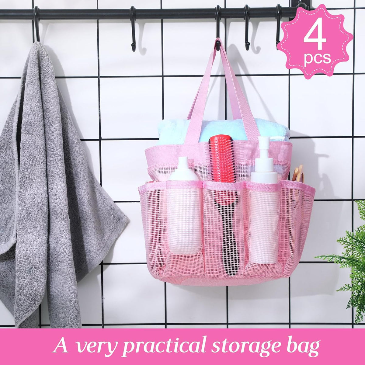 4 Pcs Portable Mesh Shower Caddy, Pink