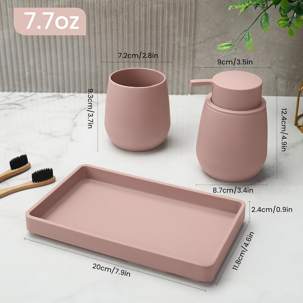 Bathroom Accessories Set, Modern 3 Pcs Bathroom Essentials - Soap Dispenser, Toothbrush Holder & Tray, Countertop Vanity Organizer (Pink)