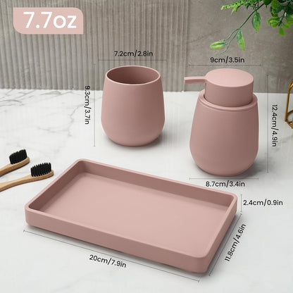 Bathroom Accessories Set, Modern 3 Pcs Bathroom Essentials - Soap Dispenser, Toothbrush Holder & Tray, Countertop Vanity Organizer (Pink)
