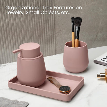 Bathroom Accessories Set, Modern 3 Pcs Bathroom Essentials - Soap Dispenser, Toothbrush Holder & Tray, Countertop Vanity Organizer (Pink)