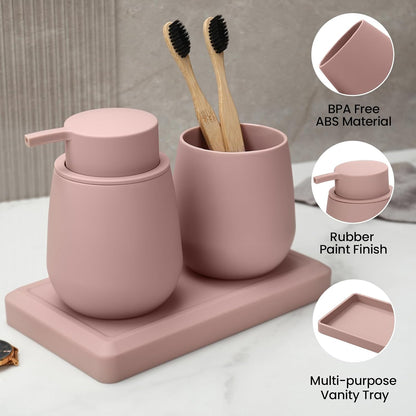 Bathroom Accessories Set, Modern 3 Pcs Bathroom Essentials - Soap Dispenser, Toothbrush Holder & Tray, Countertop Vanity Organizer (Pink)