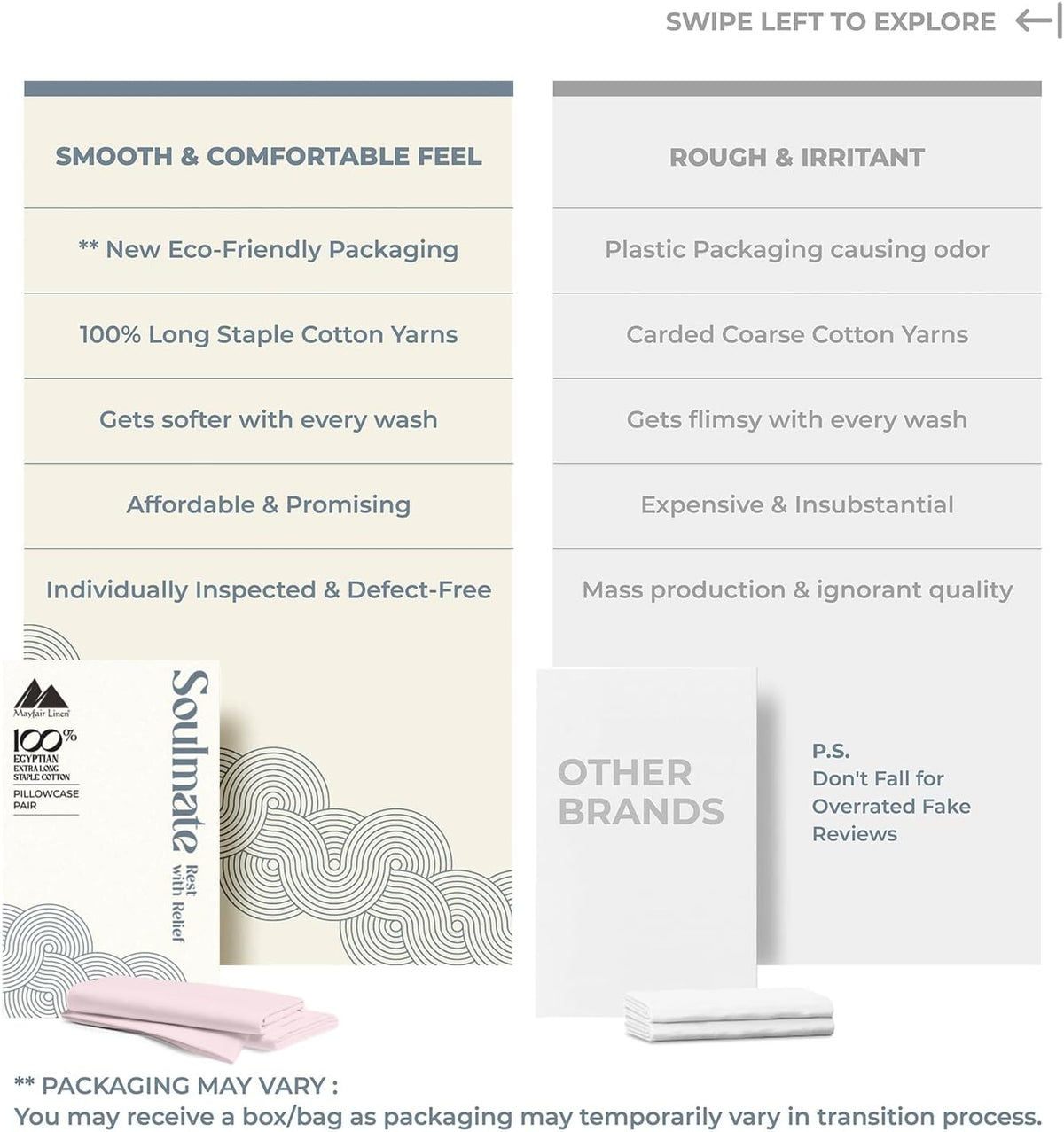100% Egyptian Cotton Pillow Cases Queen Size Set of 2 - Luxury 500 Series Soulmate Collection Cotton Pillowcases (Blush), Silky Soft, Cooling & Breathable Standard Size Pillow Case