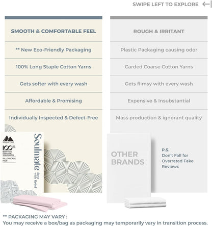100% Egyptian Cotton Pillow Cases Queen Size Set of 2 - Luxury 500 Series Soulmate Collection Cotton Pillowcases (Blush), Silky Soft, Cooling & Breathable Standard Size Pillow Case
